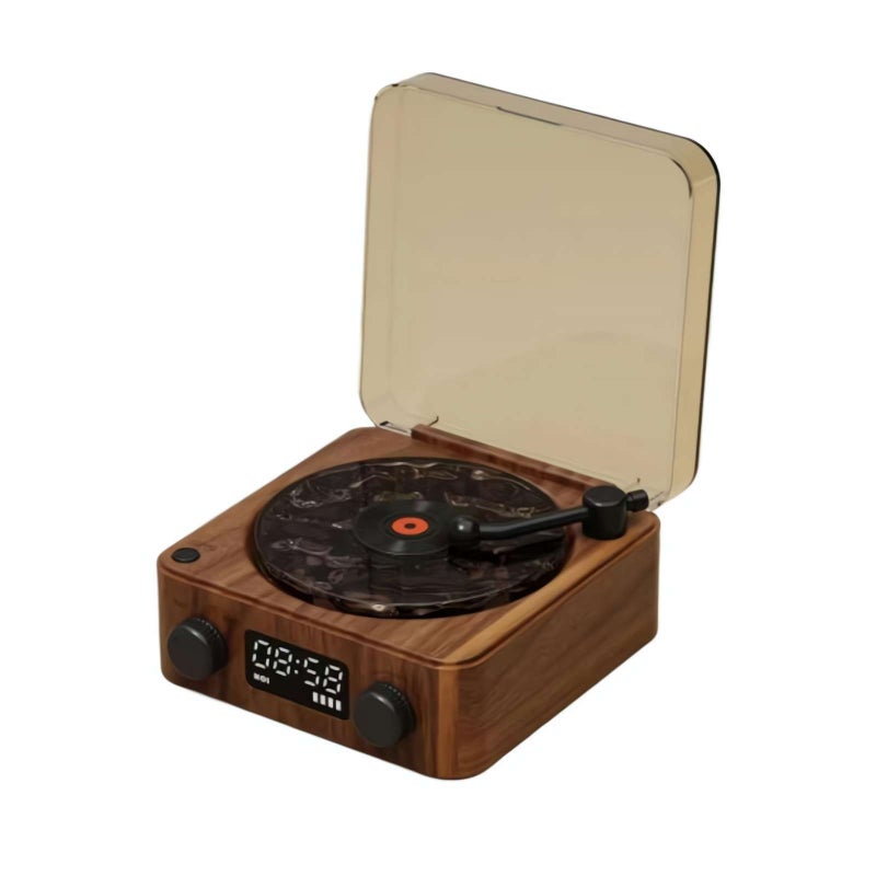 Waves Vintage Vinyl Record Player Bluetooth Speaker with Adjustable Ambient Lights,2025 New Vintage Record Model Players with Time,Small Record Player for Room Desk,Waves Speaker  (Wood grain color) - Image 1